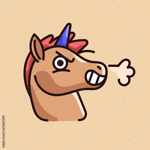 Angry fairy animal face. Mad unicorn with horn, horse with grin in hate, savage muzzle in rage, irritated snout with bad mood. Cute kid sticker with emotions. Flat isolated vector illustration