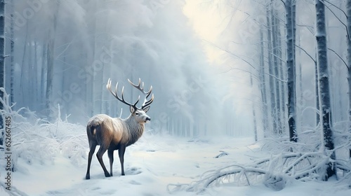 In silent forest, elk with grand antlers walks © Abdul