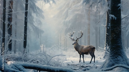 In silent forest, elk with grand antlers walks