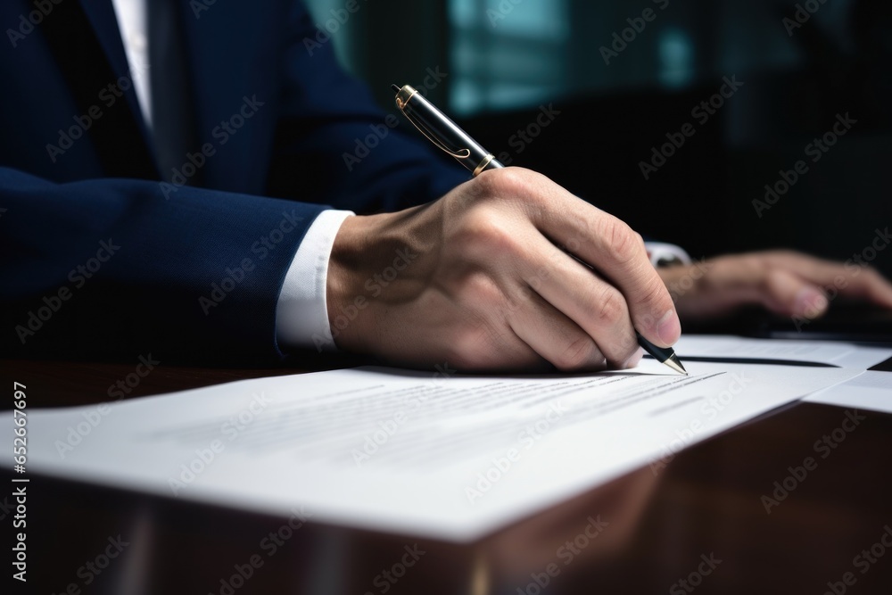 Close up a hand signing the document at the table on office room. Close up a hand signing the document at the table on office room.