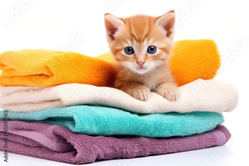Cute little kitten with pile of towels isolated on white background, Cute ginger kitten on pile of colorful towels, isolated on white, AI Generated
