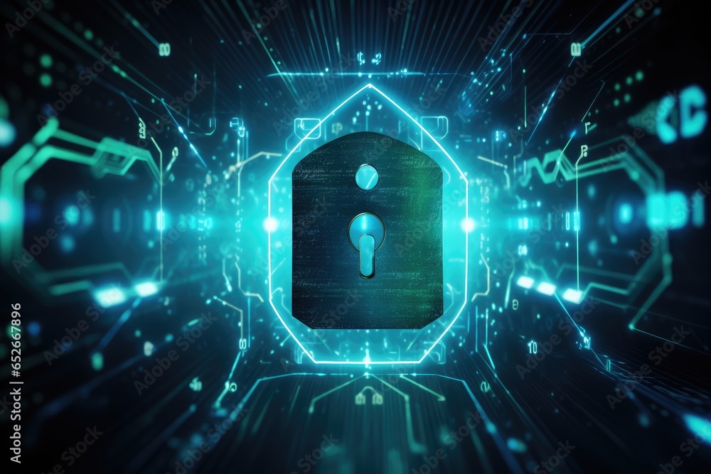 Fototapeta premium Cyber security concept with padlock on dark background 3D rendering, Cyber security data protection business technology privacy concept on virtual screen, AI Generated