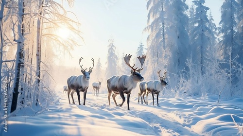In vast snowfield, reindeer roam under blue sky © Abdul