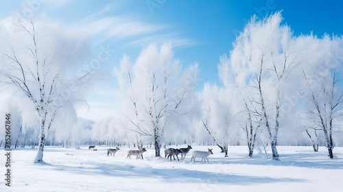 In vast snowfield, reindeer roam under blue sky © Abdul