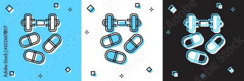 Set Sports doping, anabolic drugs with dumbbell icon isolated on blue and white, black background. Anabolic steroids tablet. Pills in jar. Vector photo