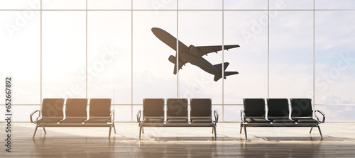 Modern airport interior with seats and flying airplane seen through panoramic window with city view and daylight. Take off, travel and transportation concept. 3D Rendering.