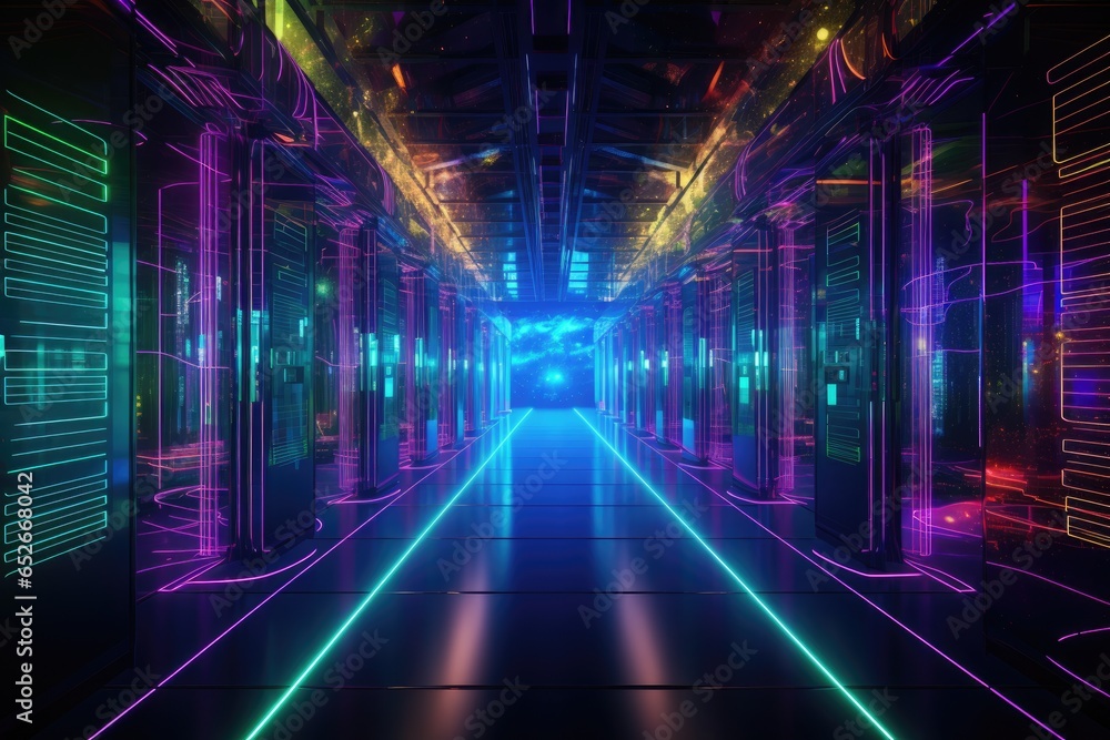3D rendering of a futuristic corridor with glowing neon lights and reflections, Data Center Server Room. Network Communication, Colorful Neon Server Racks, AI Generated 3D rendering of a futuristic corridor with glowing neon lights and reflections, Data Center Server Room. Network Communication, Colorful Neon Server Racks, AI Generated