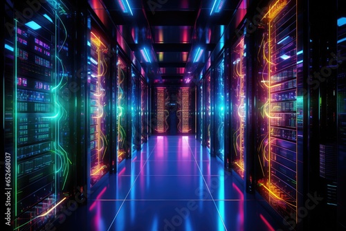 Futuristic server room interior with neon lights. 3D Rendering, Data Center Server Room. Network Communication, Colorful Neon Server Racks, AI Generated