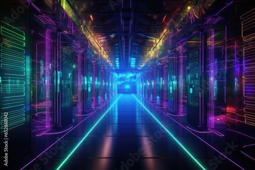 3D rendering of a futuristic corridor with glowing neon lights and reflections, Data Center Server Room. Network Communication, Colorful Neon Server Racks, AI Generated
