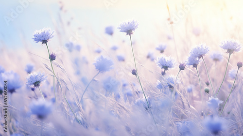 delicate blue flowers, soft pastels, cornflowers in the morning mist on a wild field