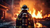 one firefighter, a man on fire, a view from the back, against the background of a burning fire in a fire, fiction, computer graphics