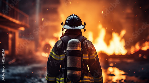 one firefighter, a man on fire, a view from the back, against the background of a burning fire in a fire, fiction, computer graphics