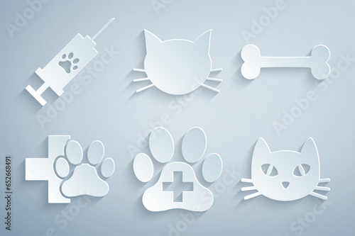 Set Veterinary clinic, Dog bone, , Cat, and Syringe with pet vaccine icon. Vector