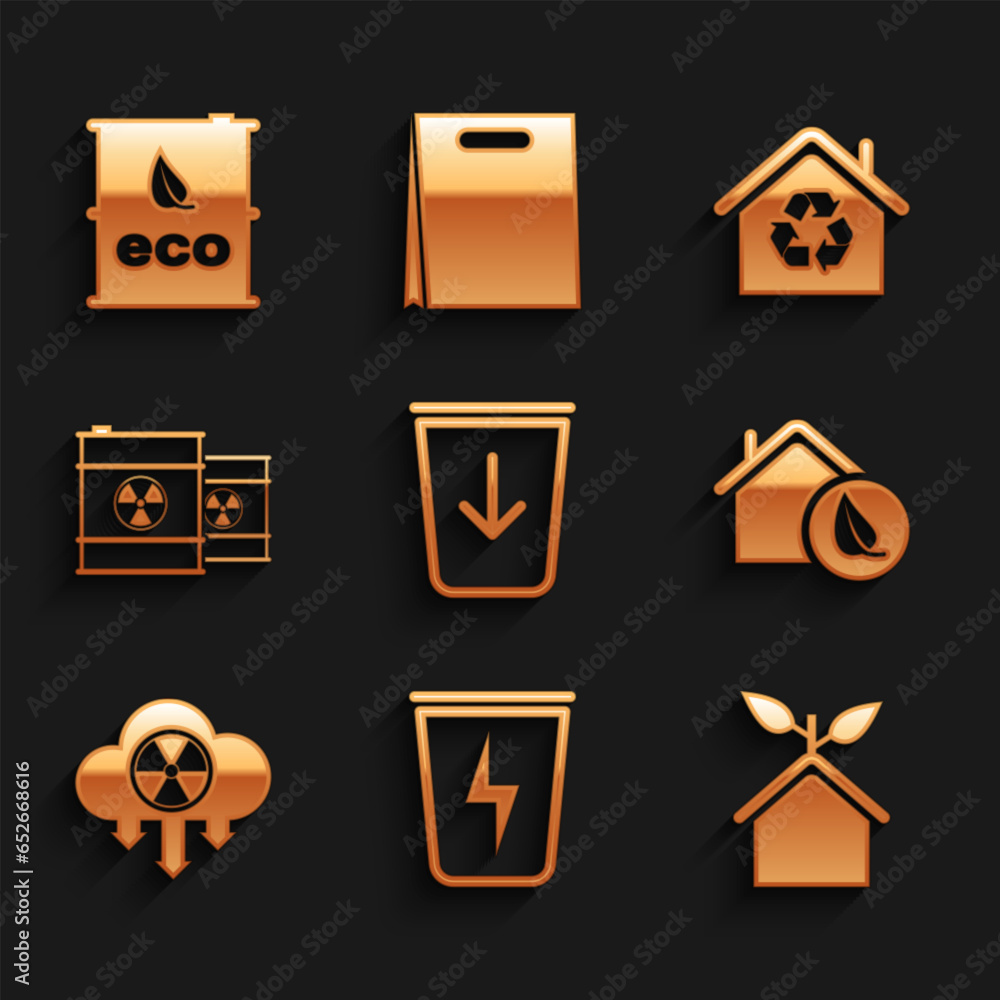 Set Send to the trash, Lightning with can, Eco friendly house, Acid rain and radioactive cloud, Radioactive waste barrel, House recycling and Bio fuel icon. Vector
