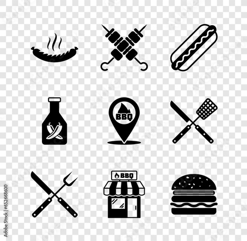 Set Sausage, Grilled shish kebab, Hotdog sandwich, Crossed fork knife, Barbecue shopping building, Burger, Ketchup bottle and Location with barbecue icon. Vector