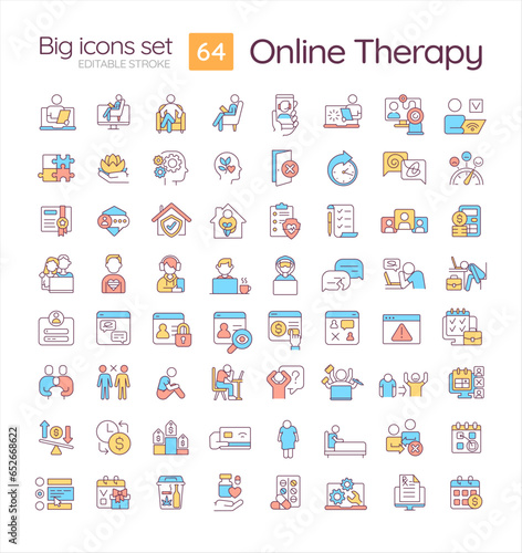2D editable multicolor big line icons set representing online therapy, isolated vector, linear illustration.