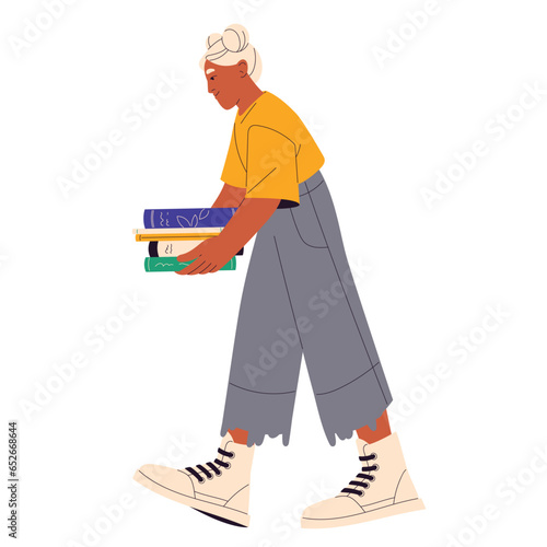 School girl walk with stack of textbooks. Young woman hold educational literature. People read book. Bookcrossing, reader study at library. Hobby flat isolated vector illustration on white background