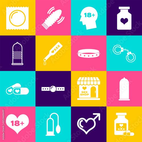 Set Bottle with pills for potency, Condom safe sex, Sexy fluffy handcuffs, Head 18 plus, Spanking paddle, package and Leather fetish collar icon. Vector