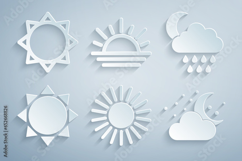 Set Sun, Cloud with rain and moon, stars, Sunset and icon. Vector