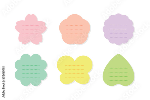 This is a set of cute notepad design illustrations for writing messages. Decorations in the shape of flowers, clovers, butterflies and leaves.