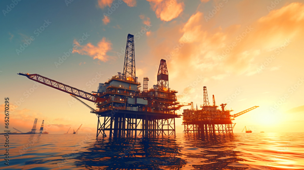 石油プラットフォーム、海上油田基地で石油・天然ガスを採掘している風景