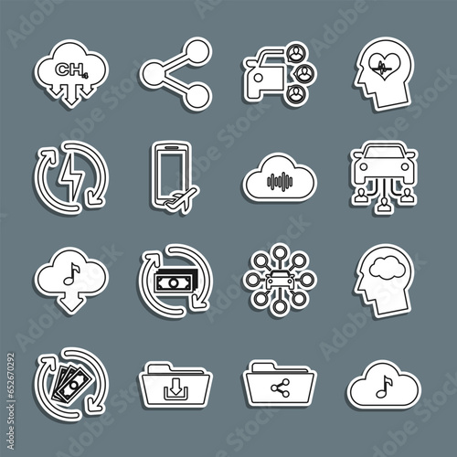 Set line Music streaming service, Head silhouette with cloud, Car sharing, Flight mode the mobile, Recharging, Methane emissions reduction and icon. Vector
