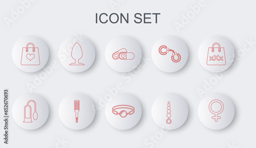 Set line Female gender symbol, Penis pump, Pills for potency, Anal beads, Shopping bag with heart, plug, Spanking paddle and Silicone ball gag icon. Vector