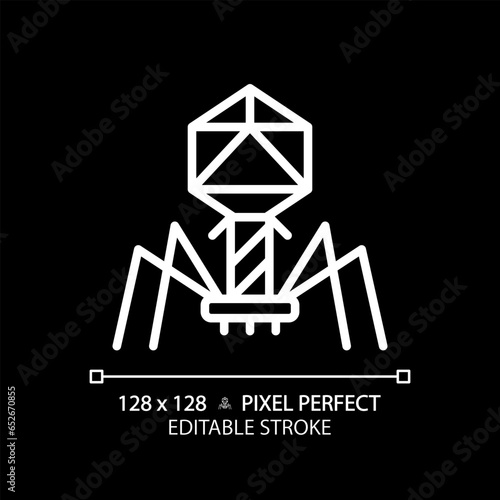 2D pixel perfect editable white bacteriophage icon, isolated monochromatic vector, thin line illustration representing bacteria.