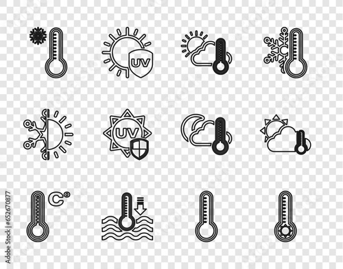 Set line Meteorology thermometer, Thermometer and cloud, sun, Water, UV protection, and icon. Vector