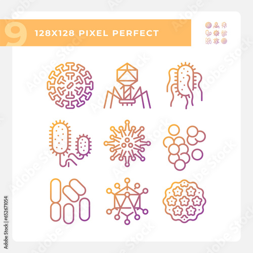 2D pixel perfect gradient icons set representing bacteria, thin linear illustration.