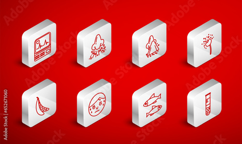 Set line Test tube and flask, Runny nose, Flower producing pollen, Fish, Monitor with cardiogram, Man excessive sweating and Kidney beans icon. Vector