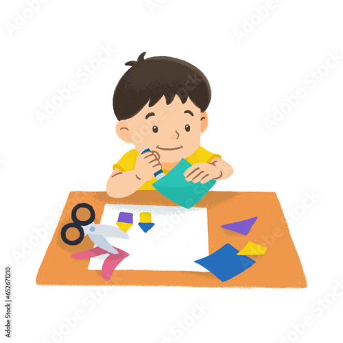 Boy cutting craft paper hand drawn illustration