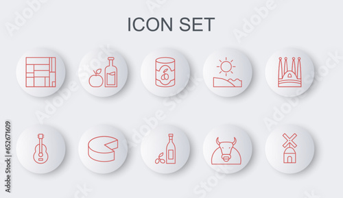Set line Windmill, Spanish guitar, Olives can, Bull, House Edificio Mirador, Apple cider bottle, Cheese and Bottle of olive oil icon. Vector