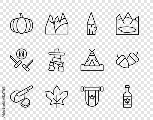 Set line Peameal bacon, Beer bottle, Wooden log, Canadian maple leaf, Pumpkin, Inukshuk, Pennant Canada and Acorn icon. Vector