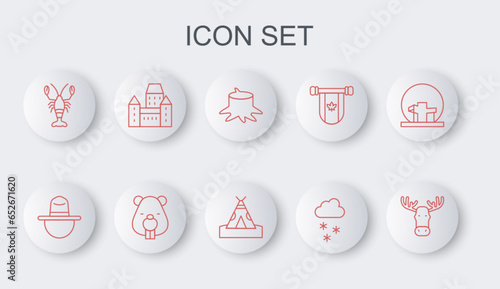 Set line Moose head with horns, Canadian ranger hat, Tree stump, Cloud snow, Lobster, Chateau Frontenac hotel, Beaver animal and Indian teepee wigwam icon. Vector