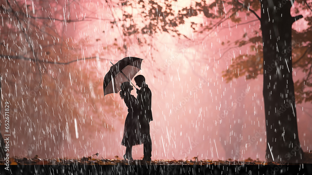 silhouette of a couple in love under the autumn rain with an umbrella