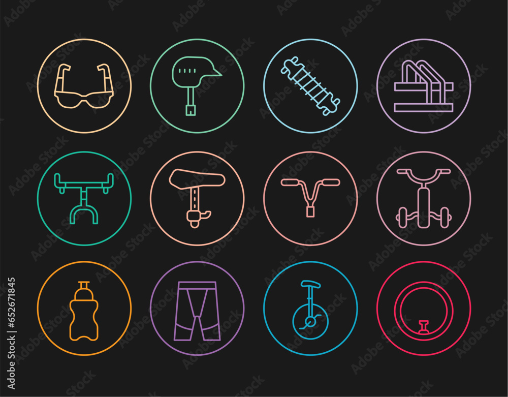 Set line Bicycle wheel, for kids, suspension, seat, handlebar, Sport cycling sunglasses, and helmet icon. Vector Set line Bicycle wheel, for kids, suspension, seat, handlebar, Sport cycling sunglasses, and helmet icon. Vector