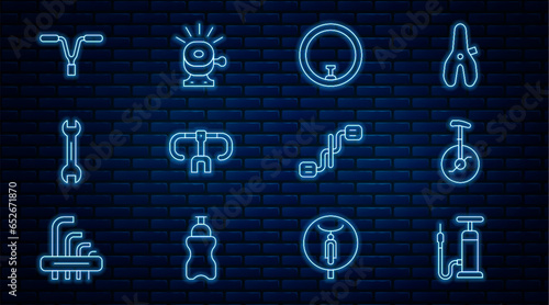 Set line Bicycle air pump, Unicycle or one wheel bicycle, handlebar, Wrench spanner, pedals and bell icon. Vector