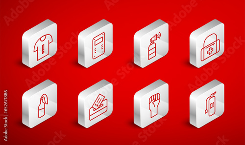 Set line Fire extinguisher, Police assault shield, Air horn, First aid kit, Raised hand with clenched fist, T-shirt protest, Vote box and Cocktail molotov icon. Vector