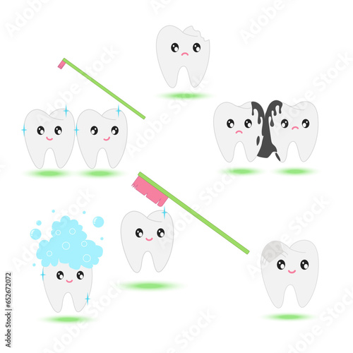 Vector set of kawaii teeth, toothbrushes, toothpaste and mono-beam brush. Teeth with different emoji. Cute cartoon characters. Dental care concept.