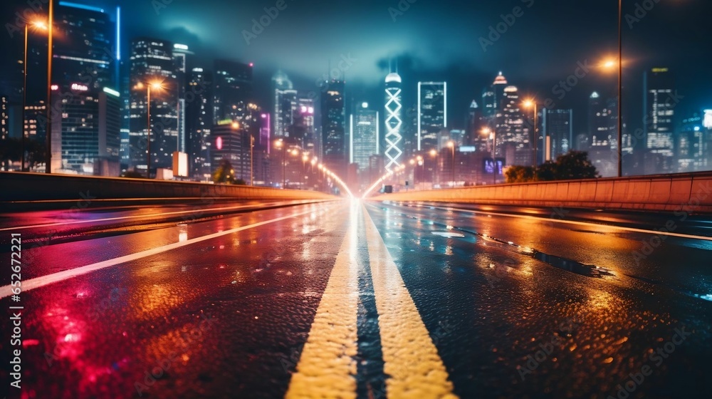 Blurry city road at night with vibrant lights