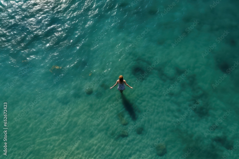 aerial view of woman bathing in sea or ocean. Solo female travel and vacation. Destination with crystal clear water and beach. 