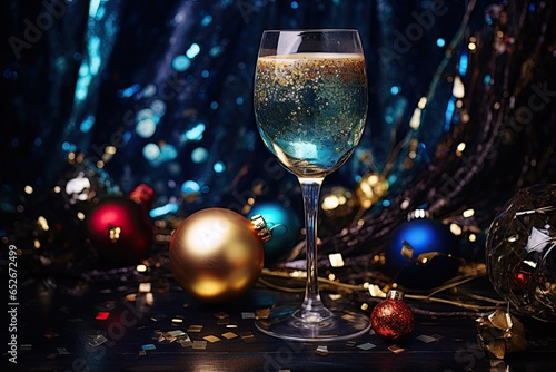 Glasses of sparkling wine on a Christmas and New Year background with glitz and glamour, rich jewel tones.