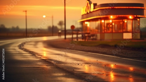 Blurry road by classic diner evokes retro nostalgia