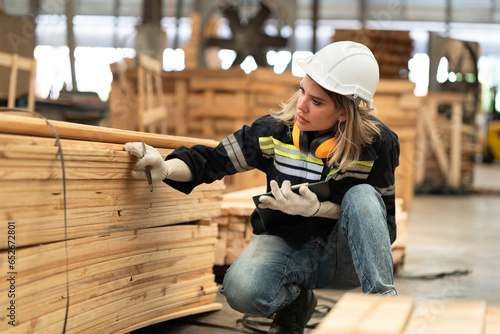 Caucasian technician craft woman holding clipboard with stock timber background at wood factory	