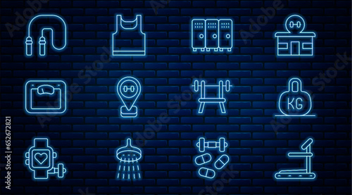 Set line Treadmill machine, Weight, Locker or changing room, Location gym, Bathroom scales, Jump rope, Bench with barbell and Sleeveless t-shirt icon. Vector