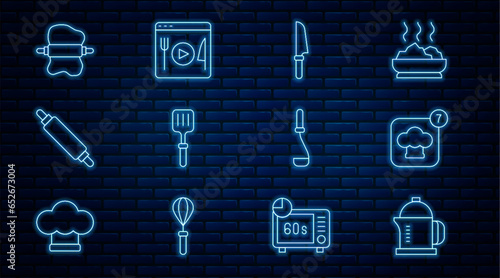 Set line French press, Chef hat, Knife, Barbecue spatula, Rolling pin, on dough, Kitchen ladle and Cooking live streaming icon. Vector