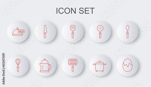 Set line Broken egg, Kitchen whisk, Barbecue spatula, Cooking pot, Covered with tray of food, Knife, French press and steel grid icon. Vector