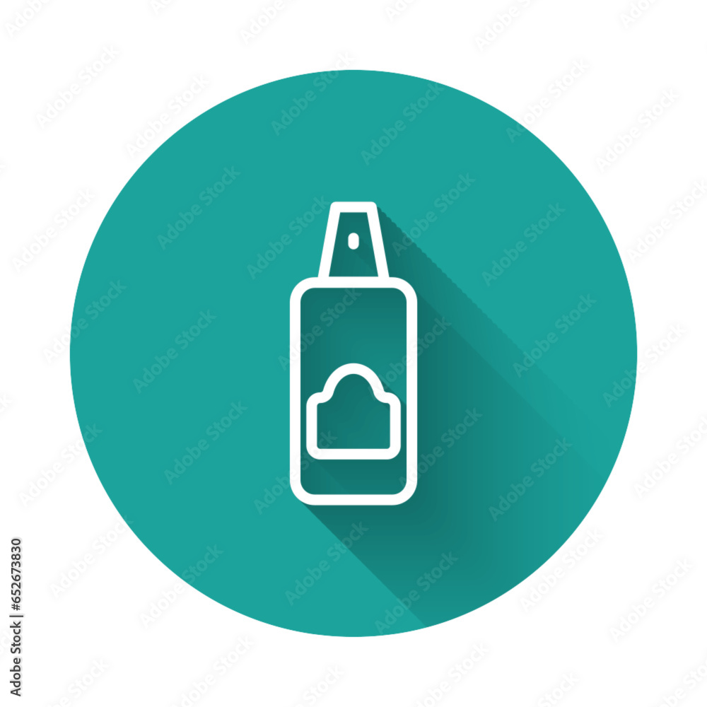 White line Spray can for hairspray, deodorant, antiperspirant icon isolated with long shadow background. Green circle button. Vector White line Spray can for hairspray, deodorant, antiperspirant icon isolated with long shadow background. Green circle button. Vector