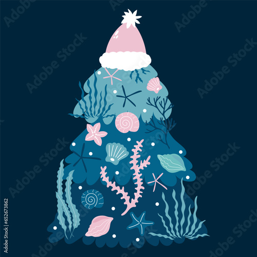 Christmas tree decorated with ocean themed ornaments.